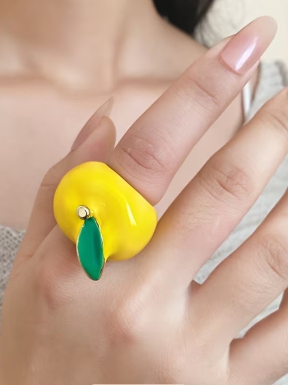 Yellow Enamel Apple Fruit Statement Ring